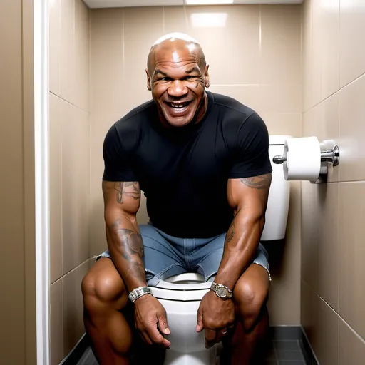 Prompt: Mike tyson inspecting his poop in toilet with a giant grin on his face