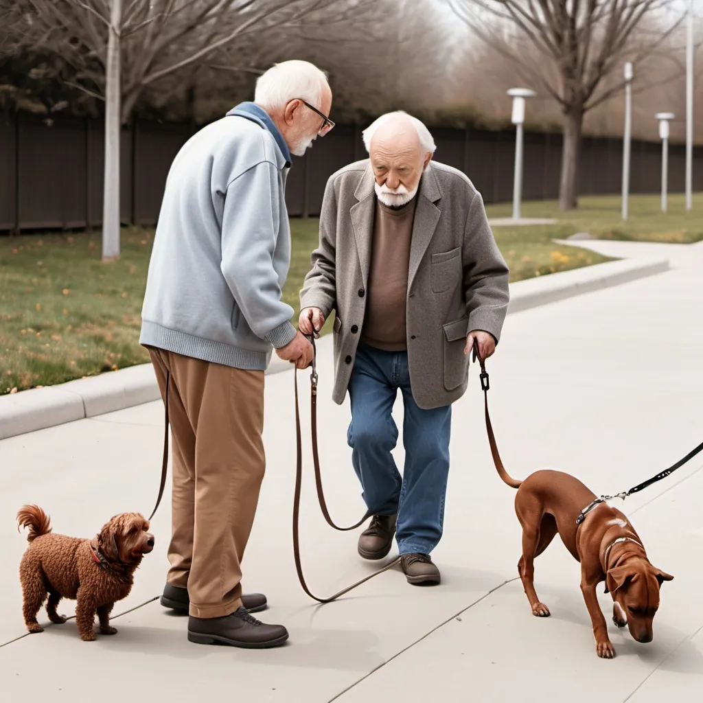 Prompt: old man walking other old man on leash while he eats poop