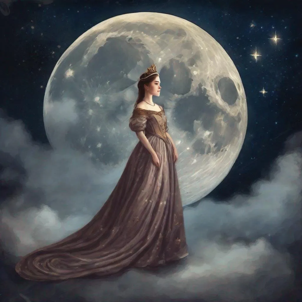 Prompt: princess in a royal dress standing on the moon, dark sky, stars, old painting style