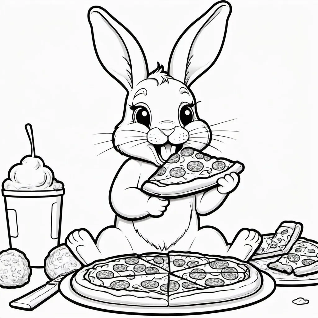 Prompt: coloring page of a cute bunny eating pizza, no color