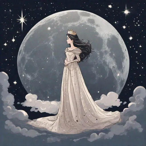 Prompt: princess in a royal dress standing on the moon, dark sky, stars