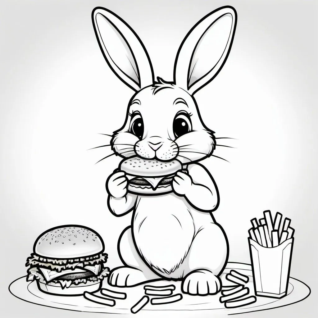 Prompt: coloring page of a bunny eating a hamburger and fries