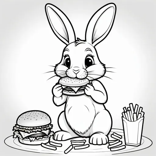 Prompt: coloring page of a bunny eating a hamburger and fries