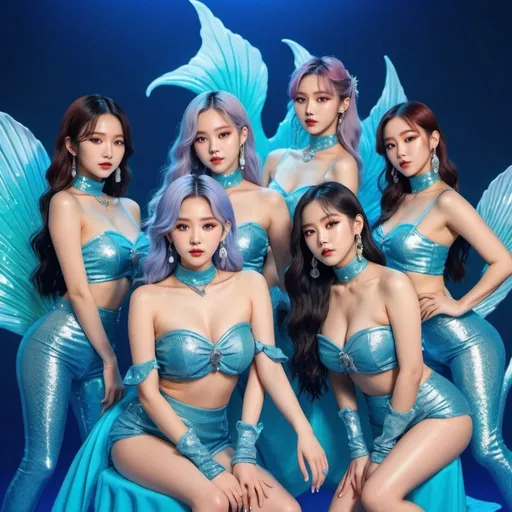 Prompt: K-pop group in blue and silver mermaid fashion, vibrant and playful poses, mermaid theme, sea theme, high quality, 4k, retro, y2k, colorful, detailed outfits, professional lighting