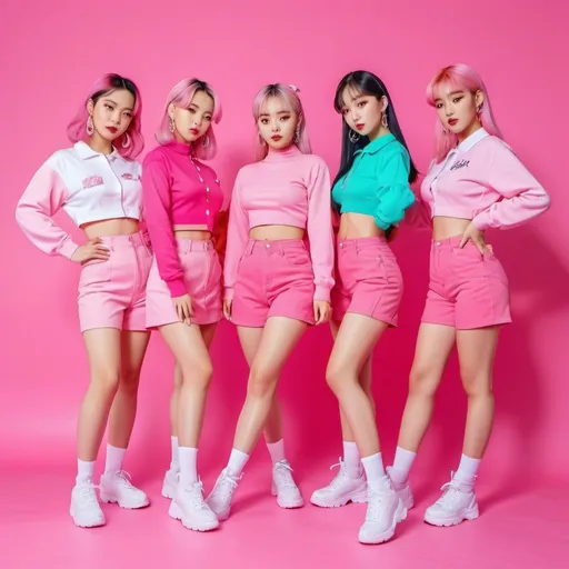 Prompt: K-pop group in pink y2k retro fashion, vibrant and playful poses, 90s nostalgia with modern twist, high quality, 4k, vibrant, retro, y2k, colorful, playful, detailed outfits, professional lighting