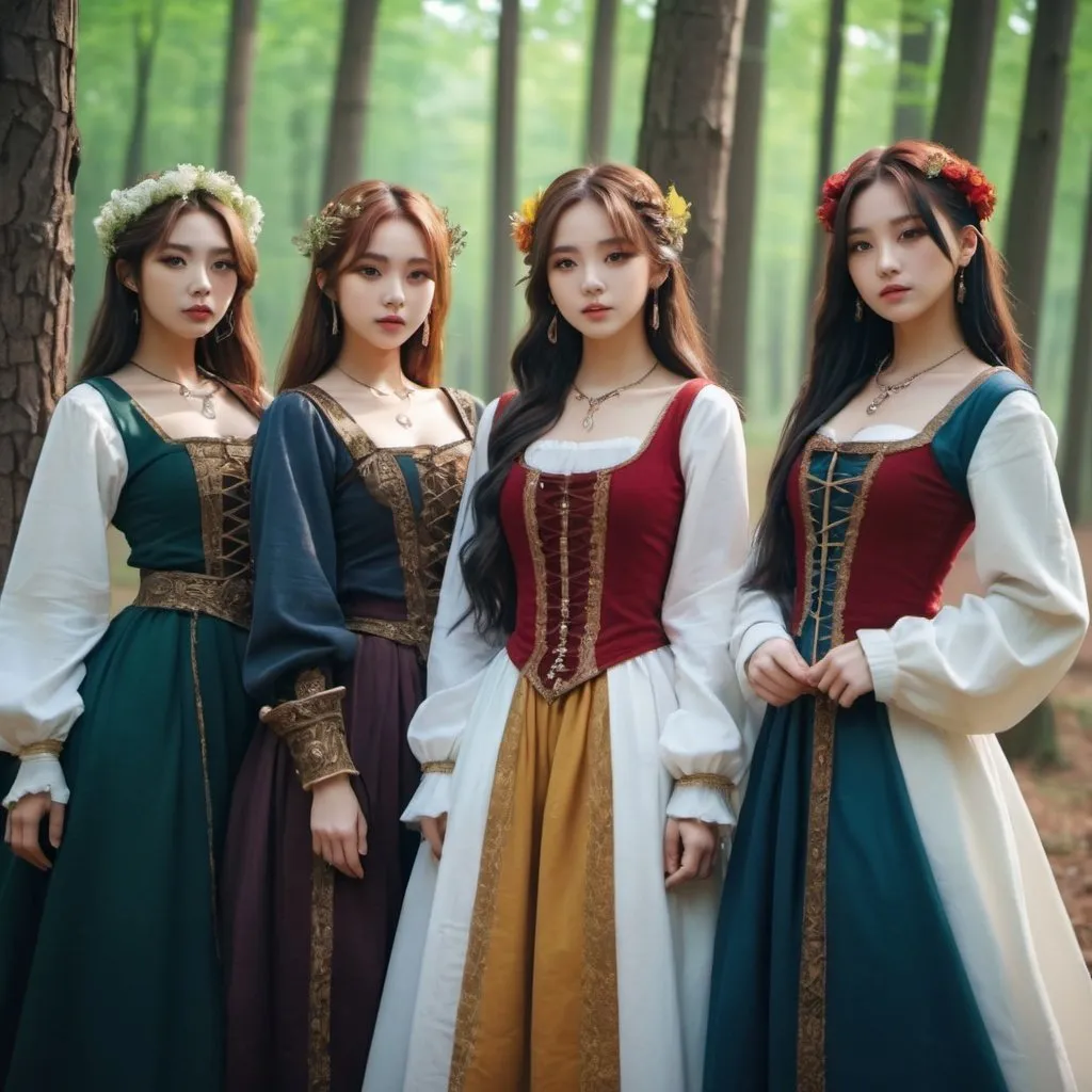 Prompt: K-pop girl group in medieval clothes, posing in a forest, high quality, 4k, detailed outfits, colorful, professional lighting, high quality face