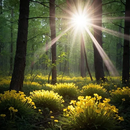 Prompt: light coming through forest yellow flowers
