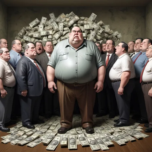 Prompt: Endless line of miniature gaunt men and women, handing money to ugly giant drooling fat man, buckets overflowing with cash, grotesque, somber, IRS lettering on background wall, high definition, hyper-realism, grotesque style, somber tones, detailed expressions, intense lighting