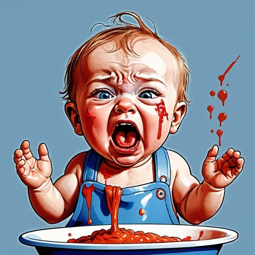 Prompt: Screaming crying baby in blue clothes, tears on face, baby food, Tabasco sauce, red sauce stains on bib and mouth, humorous, Herbert Block style cartoon, messy, exaggerated expression, vibrant colors, detailed cartoon, comic, expressive, funny
