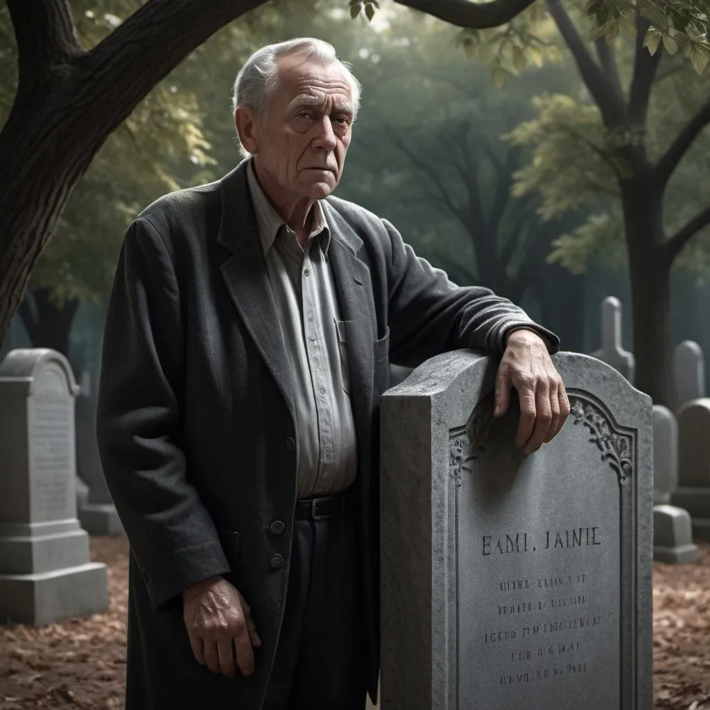 Prompt: Hyper-realistic depiction of an older man in his 70s, somber atmosphere, detailed tombstone, ghostly figure with arm around live man, realistic trees in background, high quality, hyper-realistic, somber mood, detailed tombstone, ghostly presence, realistic trees, emotional, professional lighting