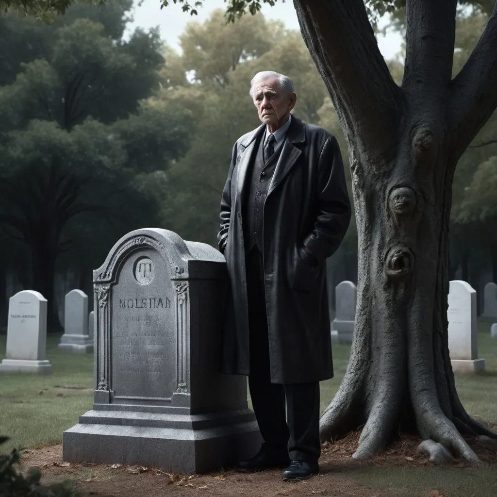 Prompt: Hyper-realistic depiction of an older man in his 70s, somber atmosphere, detailed tombstone, ghostly figure with arm around live man, realistic trees in background, high quality, hyper-realistic, somber mood, detailed tombstone, ghostly presence, realistic trees, emotional, professional lighting