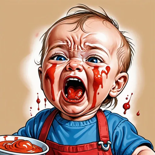 Prompt: Screaming crying baby in blue clothes, tears on face, baby food, Tabasco sauce, red sauce stains on bib and mouth, humorous, Herbert Block style cartoon, messy, exaggerated expression, vibrant colors, detailed cartoon, comic, expressive, funny