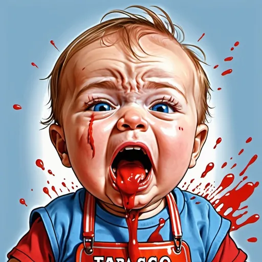 Prompt: Screaming crying baby in blue clothes, tears on face, baby food, Tabasco sauce, red sauce stains on bib and mouth, humorous, Herbert Block style cartoon, messy, exaggerated expression, vibrant colors, detailed cartoon, comic, expressive, funny