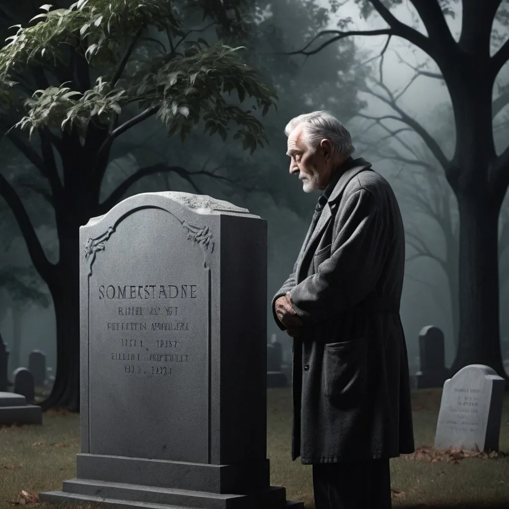 Prompt: Hyper-realistic depiction of an older man in his 70s, somber atmosphere, detailed tombstone, ghostly figure with arm around live man, realistic trees in background, high quality, hyper-realistic, somber mood, detailed tombstone, ghostly presence, realistic trees, emotional, professional lighting