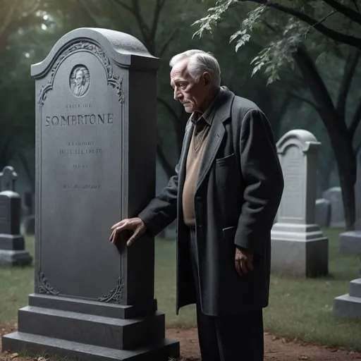 Prompt: Hyper-realistic depiction of an older man in his 70s, somber atmosphere, detailed tombstone, ghostly figure with arm around live man, realistic trees in background, high quality, hyper-realistic, somber mood, detailed tombstone, ghostly presence, realistic trees, emotional, professional lighting