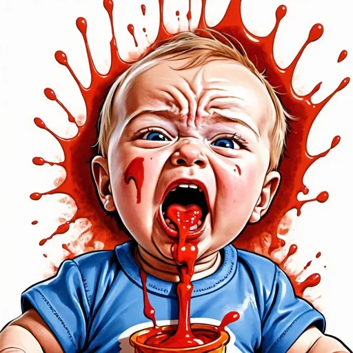 Prompt: Screaming crying baby in blue clothes, tears on face, baby food, Tabasco sauce, red sauce stains on bib and mouth, humorous, Herbert Block style cartoon, messy, exaggerated expression, vibrant colors, detailed cartoon, comic, expressive, funny