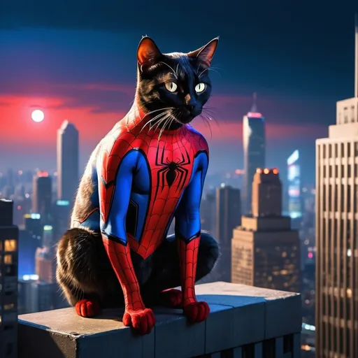 Prompt: A cat wearing Spider-Man's suit at a city night.