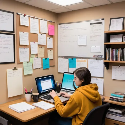 Prompt: please create a photo image of the following:A college student is seated at a desk in a cozy, well-lit room. The student, a young adult with short brown hair, is dressed casually in a hoodie and jeans. They are focused on a laptop in front of them, which displays a budgeting software interface.

The laptop screen shows various financial categories and charts, such as "Income," "Expenses," and "Savings Goals." Beside the laptop, there is a notebook open with handwritten notes, a few colorful pens scattered around, and a cup of coffee steaming nearby.

In the background, there are shelves filled with books, a small potted plant, and a bulletin board with pinned reminders and photos. The overall atmosphere is one of concentration and productivity.


