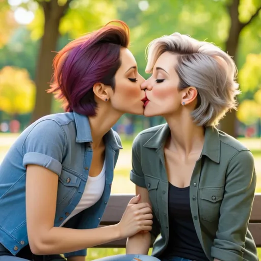 Prompt: Two lesbian women in casual clothes are kissing each other at the park.