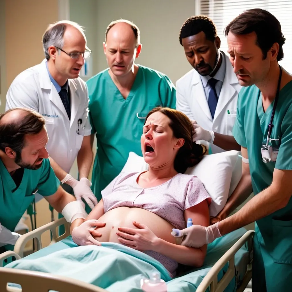 Prompt: A woman in painful labor is giving birth on a hospital bed, with her husband and doctors surrounding her.