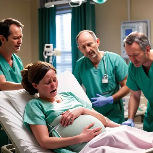 Prompt: A woman in painful labor is giving birth on a hospital bed, with her husband and doctors surrounding her.
