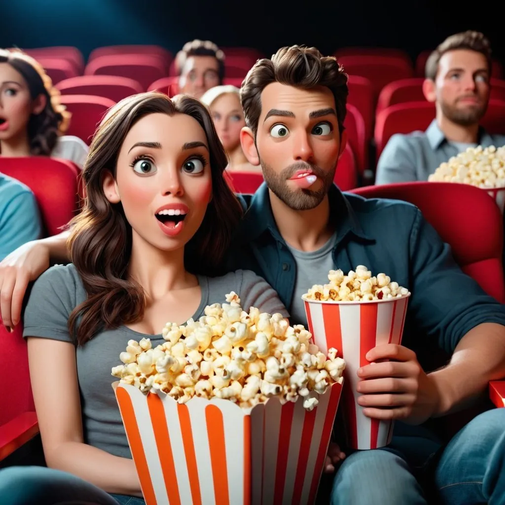 Prompt: A man and woman are at a movie theater holding popcorn and a soda.