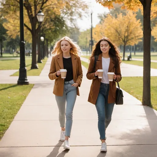 Prompt: Two young women are walking on the sidewalk at a park holding a cup of coffee