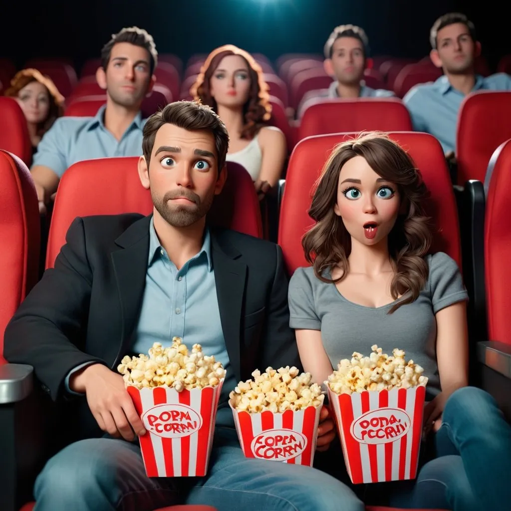 Prompt: A man and woman are at a movie theater holding popcorn and a soda.