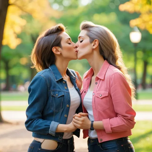 Prompt: Two lesbian women in casual clothes are kissing each other at the park.