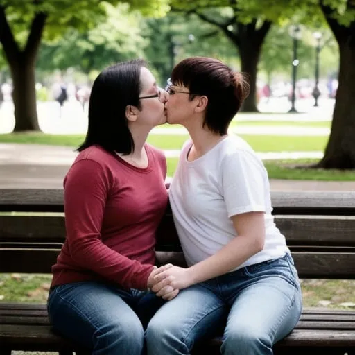 Prompt: Two lesbian women kissing on a bench at the park