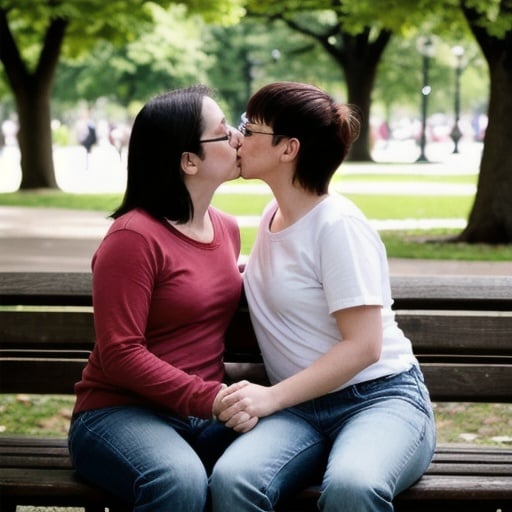 Prompt: Two lesbian women kissing on a bench at the park