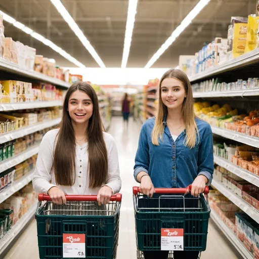 Prompt: Two young women holding one shopping cart at a grocery store.