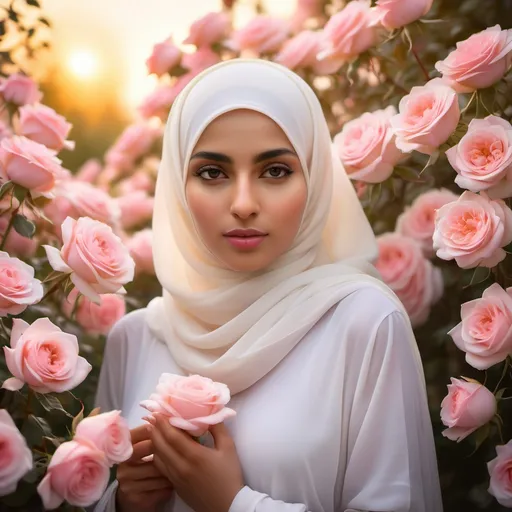 Prompt: (زیبای نورانی دختری) standing amidst blooming pink roses, her face subtly veiled in soft, golden light creating an ethereal effect, wearing a pristine white hijab that contrasts gently with the vibrant petals. The atmosphere exudes serenity and grace, surrounded by delicate pink hues, capturing an enchanting and mystical ambiance. The quality is ultra-detailed, ensuring depth and clarity in this spiritually uplifting scene.