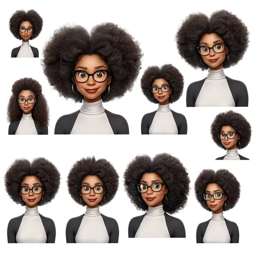 Prompt: disney pixar style of 5 beautiful 30 year old black ladywith stunning long afro curly hair wearing framed glasses wearing a turtle neckfront facing looking straight into the camera with different facial expressions character sheet white background