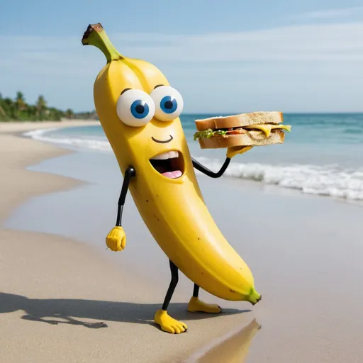 Prompt: a banana walking on a beach with a sandwich with eyes in his hands
 


