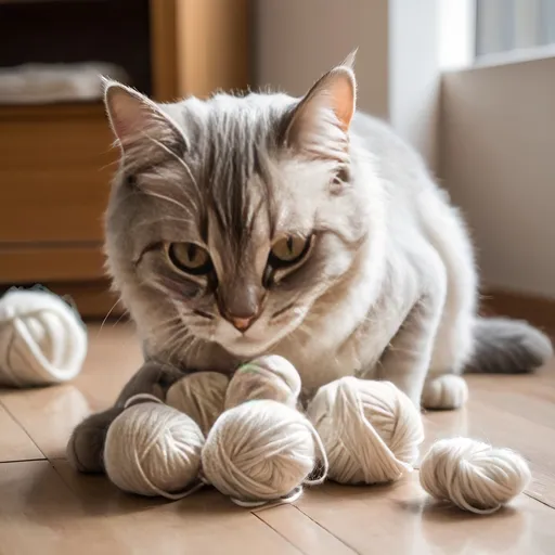 Prompt: a cat playing whit wool

