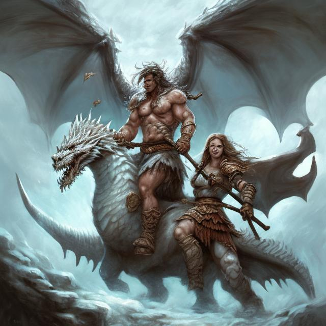 Prompt: Barbarian riding a white dragon wielding a great axe. Fantasy painting

