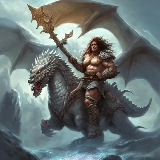 Prompt: Barbarian riding a white dragon wielding a great axe. Fantasy painting

