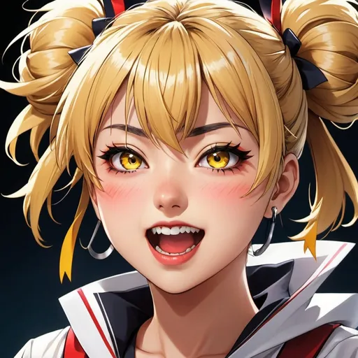 Prompt: High-quality anime illustration of Himiko Toga, detailed facial features with a mischievous expression, dynamic action pose, vibrant and intense color palette, anime, detailed eyes, vibrant, action-packed, highres, ultra-detailed, anime, dynamic, intense colors, detailed eyes, mischievous, professional, dramatic lighting, blonde hair in twin spiky looking messy buns, yellow eyes, vampire fangs, school uniform,