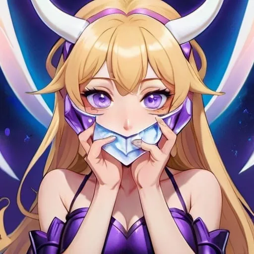 Prompt: Anime illustration of Mt. Lady blowing a kiss, ice blonde hair, purple eyes, elegant curves, wearing a majestic  eye purple mask with horns, best quality, highres, ultra-detailed, anime, vibrant colors, detailed eyes, sleek design, professional, dynamic lighting