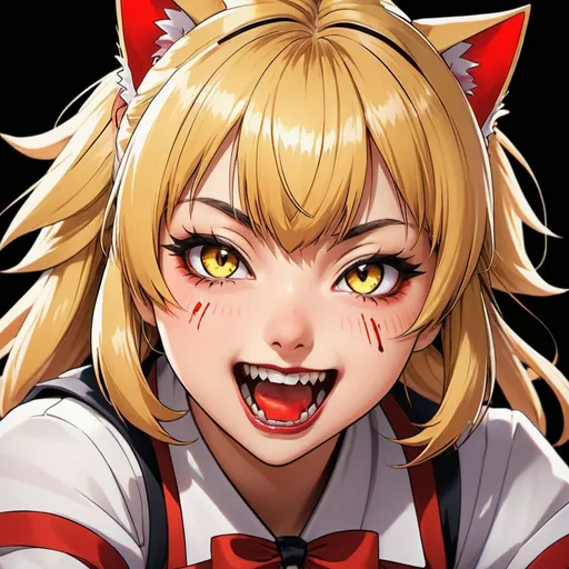 Prompt: High-quality anime illustration of Himiko Toga, detailed facial features with a mischievous expression, dynamic action pose, vibrant and intense color palette, anime, detailed eyes, vibrant, action-packed, highres, ultra-detailed, anime, dynamic, intense colors, detailed eyes, mischievous, professional, dramatic lighting, blonde hair, yellow cat-like eyes, vampire fangs, bloody knife,