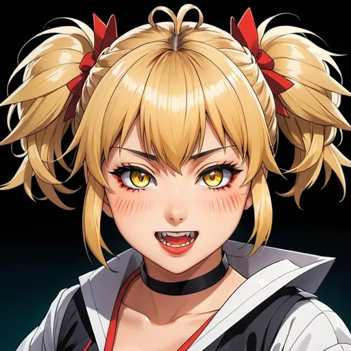 Prompt: High-quality anime illustration of Himiko Toga, detailed facial features with a mischievous expression, dynamic action pose, vibrant and intense color palette, anime, detailed eyes, vibrant, action-packed, highres, ultra-detailed, anime, dynamic, intense colors, detailed eyes, mischievous, professional, dramatic lighting, blonde hair in twin spiky looking messy buns, yellow eyes, vampire fangs, 