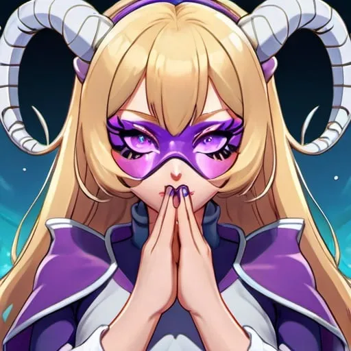 Prompt: Anime illustration of Mt. Lady blowing a kiss, ice blonde hair, purple eyes, elegant curves, wearing a majestic  eye purple mask with horns, best quality, highres, ultra-detailed, anime, vibrant colors, detailed eyes, sleek design, professional, dynamic lighting