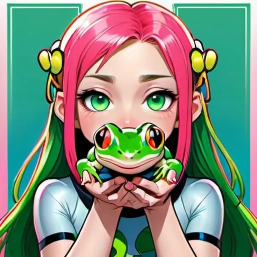 Prompt: Vibrant comic book illustration of Tsuyu Asui, detailed amphibian features, dynamic pose, long green hair, green eyes, detailed eyes, pink frog tongue, high quality, vibrant colors, comic book style, sleek design, professional, atmospheric lighting