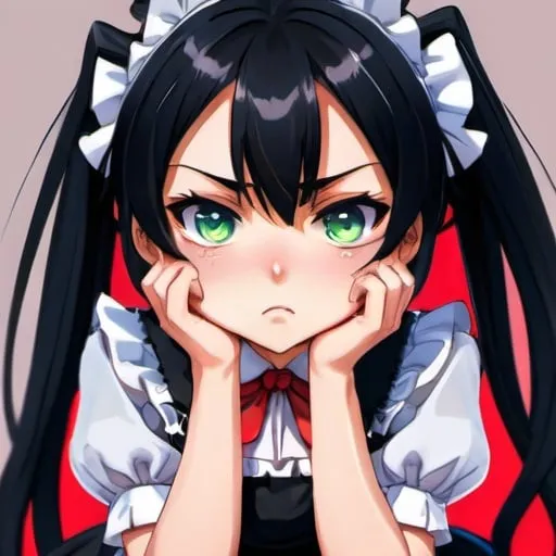 Prompt: Angry anime girl with black hair and piercing unnatural color eyes, wearing a cute maid dress, intense and focused gaze, anime, cute, maid dress, black hair, piercing eyes, angry expression, highres, vibrant colors, dramatic lighting