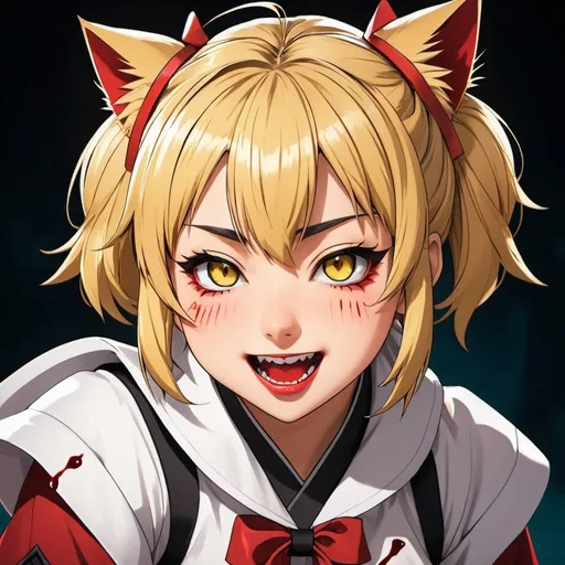 Prompt: High-quality anime illustration of Himiko Toga, detailed facial features with a mischievous expression, dynamic action pose, vibrant and intense color palette, anime, detailed eyes, vibrant, action-packed, highres, ultra-detailed, anime, dynamic, intense colors, detailed eyes, mischievous, professional, dramatic lighting, blonde hair in twin spiky looking messy buns, yellow cat-like eyes, vampire fangs, bloody knife,