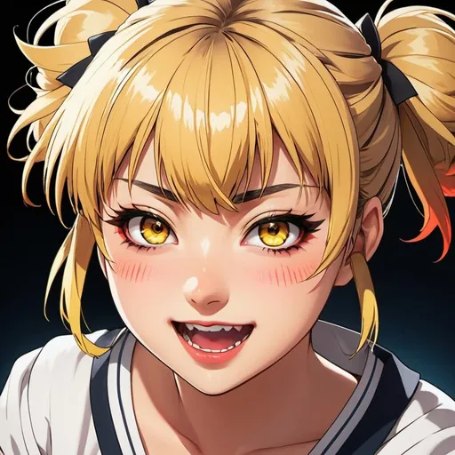 Prompt: High-quality anime illustration of Himiko Toga, detailed facial features with a mischievous expression, dynamic action pose, vibrant and intense color palette, anime, detailed eyes, vibrant, action-packed, highres, ultra-detailed, anime, dynamic, intense colors, detailed eyes, mischievous, professional, dramatic lighting, blonde hair in twin spiky looking messy buns, yellow eyes, vampire fangs, 