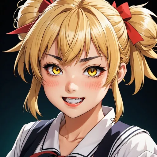 Prompt: High-quality anime illustration of Himiko Toga, detailed facial features with a mischievous expression, dynamic action pose, vibrant and intense color palette, anime, detailed eyes, vibrant, action-packed, highres, ultra-detailed, anime, dynamic, intense colors, detailed eyes, mischievous, professional, dramatic lighting, blonde hair in twin spiky looking messy buns, yellow eyes, vampire fangs, school uniform,