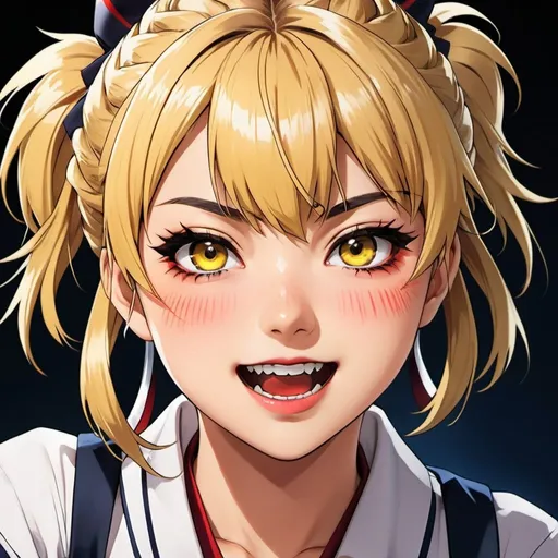 Prompt: High-quality anime illustration of Himiko Toga, detailed facial features with a mischievous expression, dynamic action pose, vibrant and intense color palette, anime, detailed eyes, vibrant, action-packed, highres, ultra-detailed, anime, dynamic, intense colors, detailed eyes, mischievous, professional, dramatic lighting, blonde hair in twin spiky looking messy buns, yellow eyes, vampire fangs, school uniform,