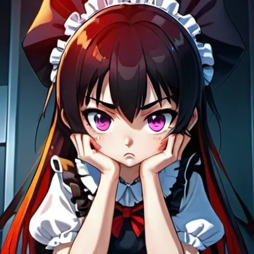 Prompt: Angry anime girl with black hair and piercing unnatural color eyes, wearing a cute maid dress, intense and focused gaze, anime, cute, maid dress, black hair, piercing eyes, angry expression, highres, vibrant colors, dramatic lighting